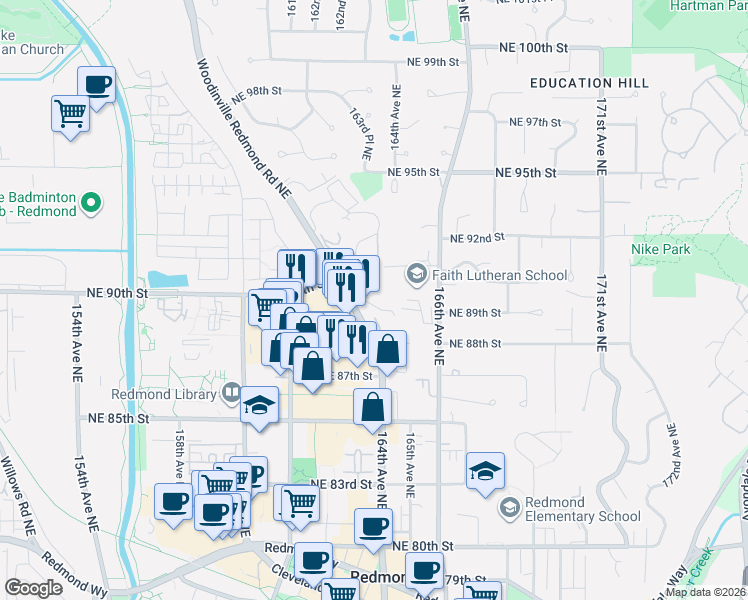 map of restaurants, bars, coffee shops, grocery stores, and more near 8980 Woodinville Redmond Road Northeast in Redmond