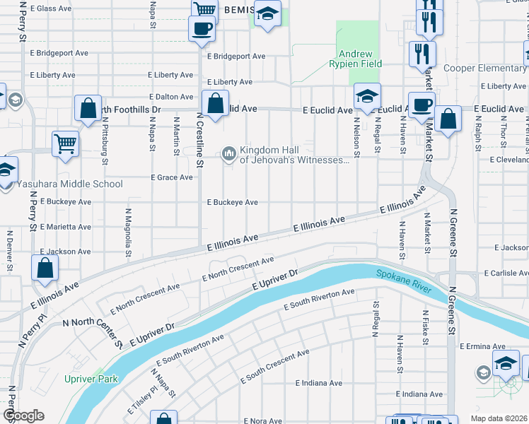 map of restaurants, bars, coffee shops, grocery stores, and more near 2617 North Altamont Street in Spokane