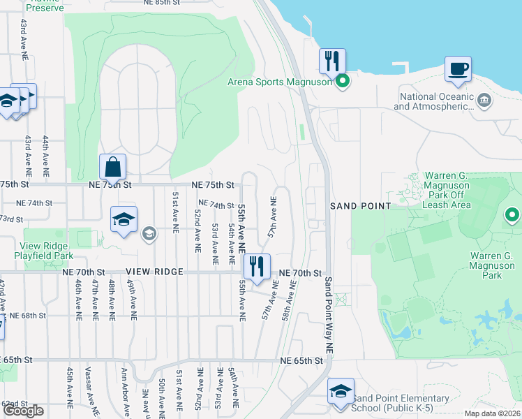 map of restaurants, bars, coffee shops, grocery stores, and more near 7321 56th Avenue Northeast in Seattle