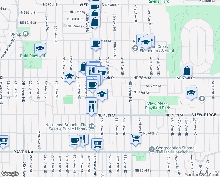 map of restaurants, bars, coffee shops, grocery stores, and more near 7326 38th Avenue Northeast in Seattle