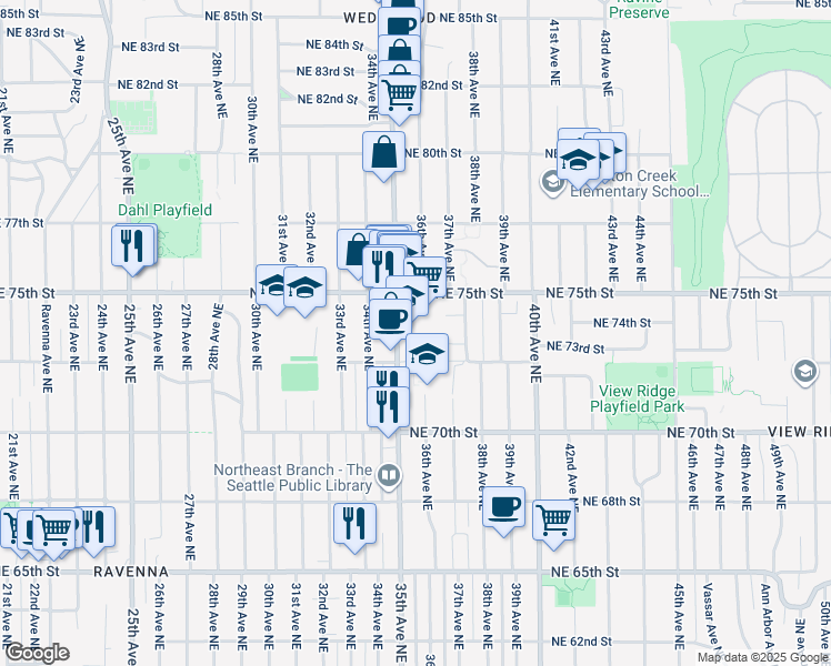 map of restaurants, bars, coffee shops, grocery stores, and more near 3604 Northeast 73rd Place in Seattle