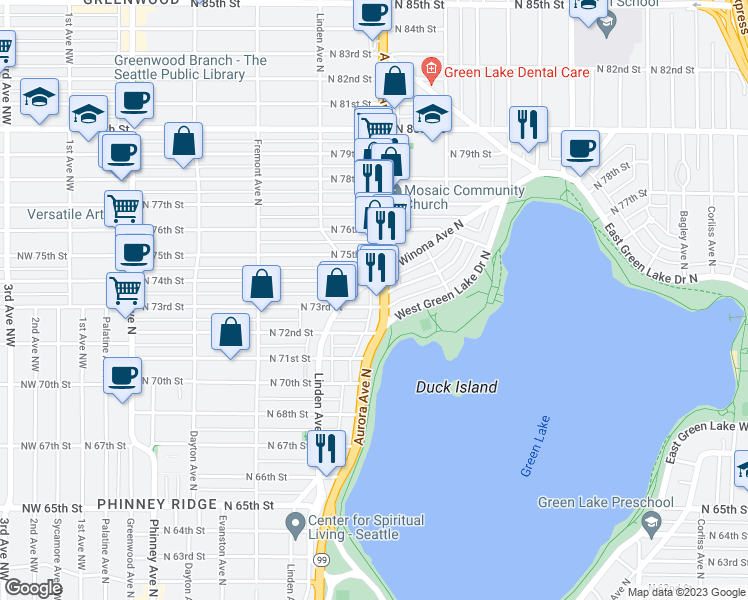 map of restaurants, bars, coffee shops, grocery stores, and more near 7301 Highway 99 in Seattle