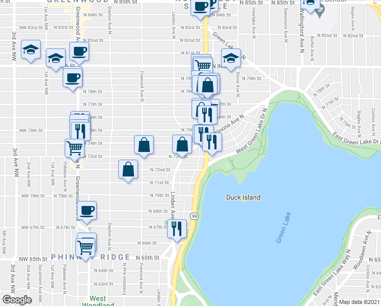 map of restaurants, bars, coffee shops, grocery stores, and more near in Seattle