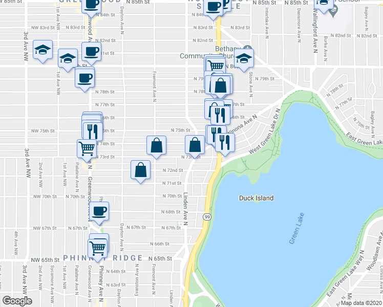 map of restaurants, bars, coffee shops, grocery stores, and more near 756 North 73rd Street in Seattle