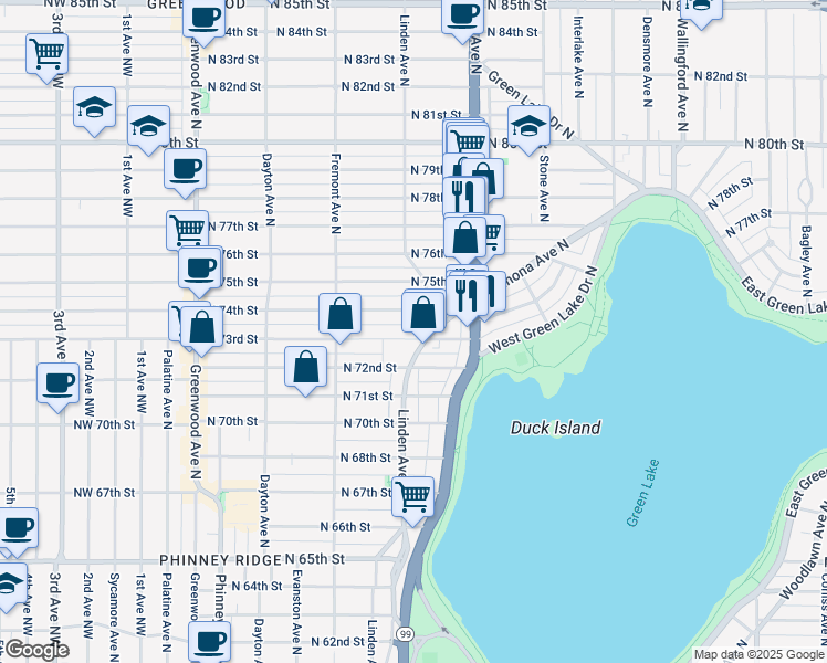 map of restaurants, bars, coffee shops, grocery stores, and more near 756 North 73rd Street in Seattle