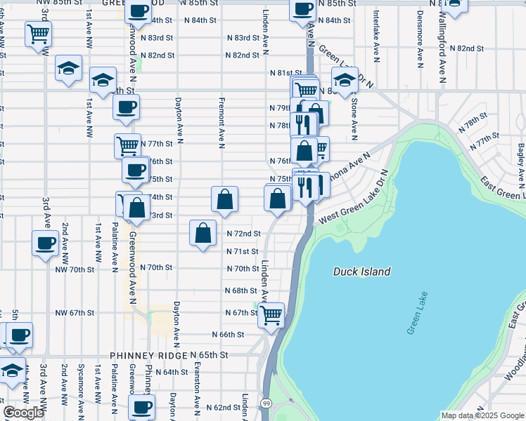 map of restaurants, bars, coffee shops, grocery stores, and more near 756 North 73rd Street in Seattle