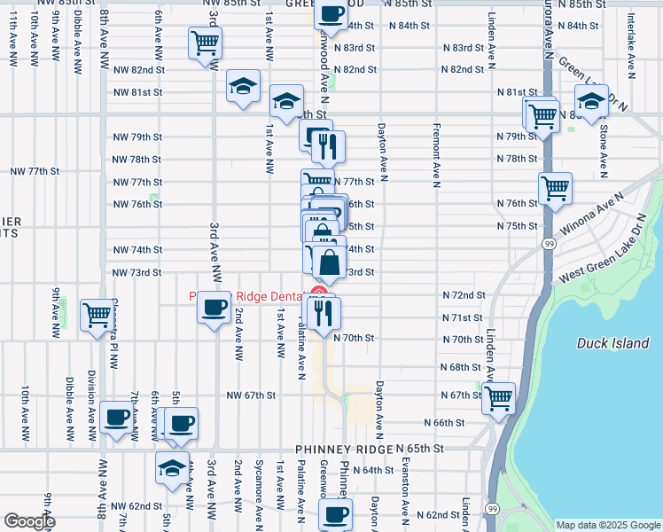 map of restaurants, bars, coffee shops, grocery stores, and more near in Seattle