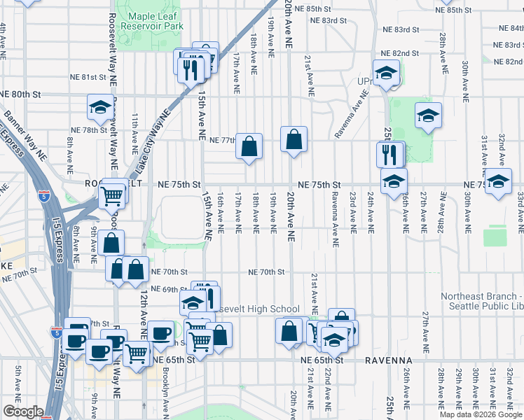 map of restaurants, bars, coffee shops, grocery stores, and more near 7322 18th Avenue Northeast in Seattle