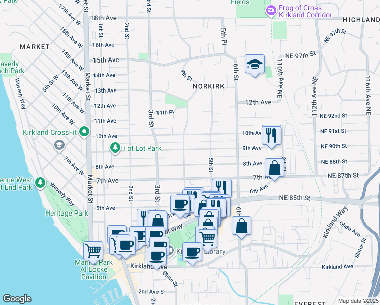 map of restaurants, bars, coffee shops, grocery stores, and more near 413 9th Avenue in Kirkland