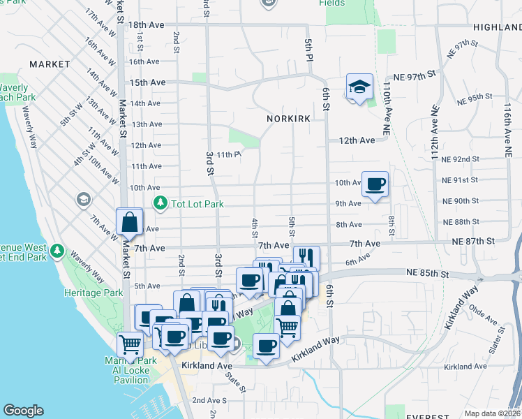 map of restaurants, bars, coffee shops, grocery stores, and more near 413 9th Avenue in Kirkland