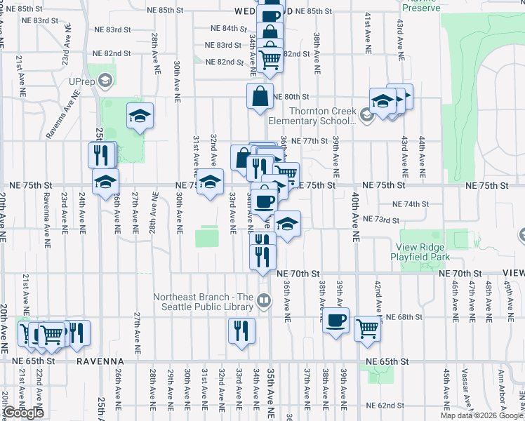 map of restaurants, bars, coffee shops, grocery stores, and more near 7325 35th Avenue Northeast in Seattle