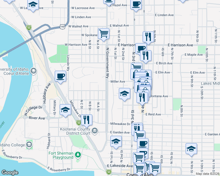 map of restaurants, bars, coffee shops, grocery stores, and more near 858 North Government Way in Coeur d'Alene