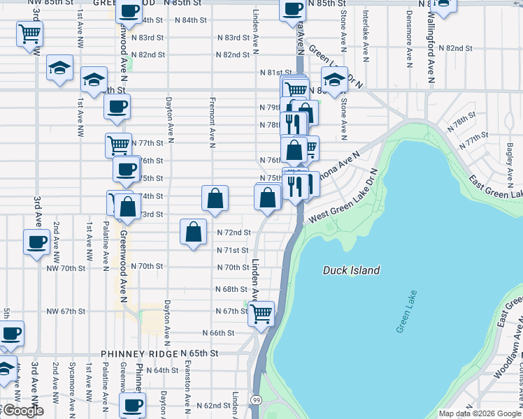 map of restaurants, bars, coffee shops, grocery stores, and more near 770 North 73rd Street in Seattle
