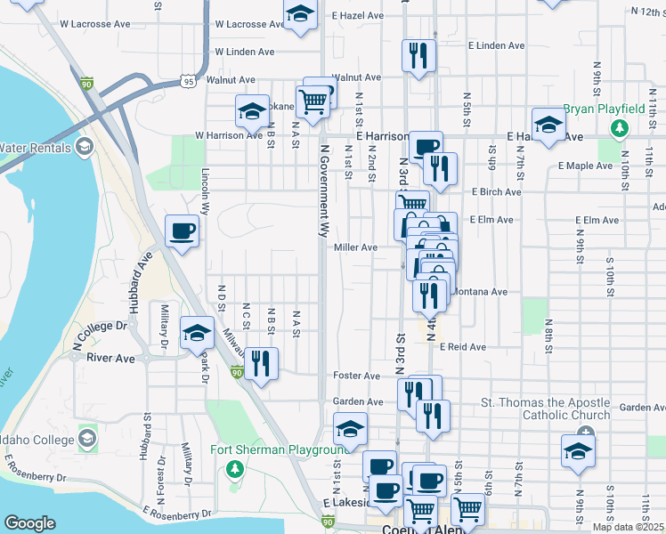 map of restaurants, bars, coffee shops, grocery stores, and more near 858 North Government Way in Coeur d'Alene