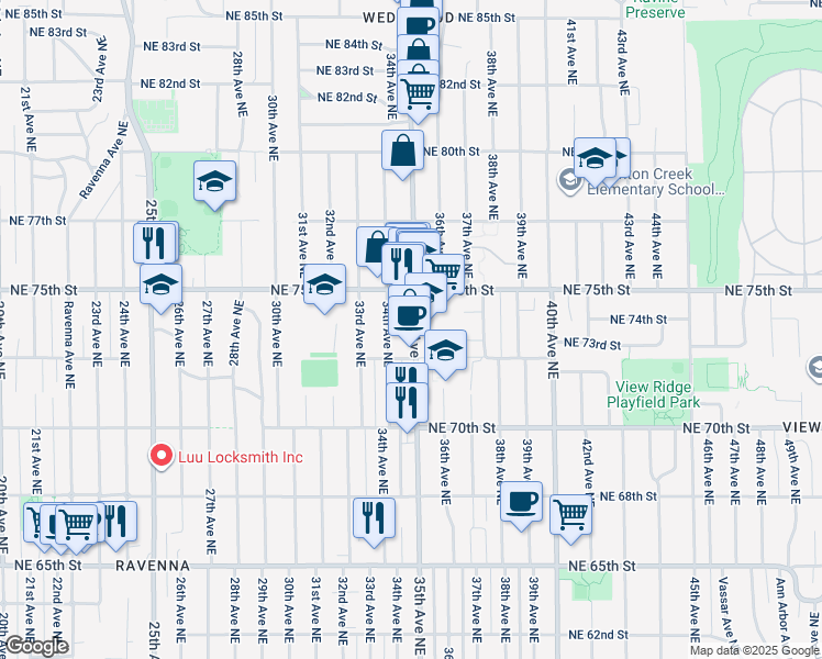 map of restaurants, bars, coffee shops, grocery stores, and more near 7327 35th Avenue Northeast in Seattle