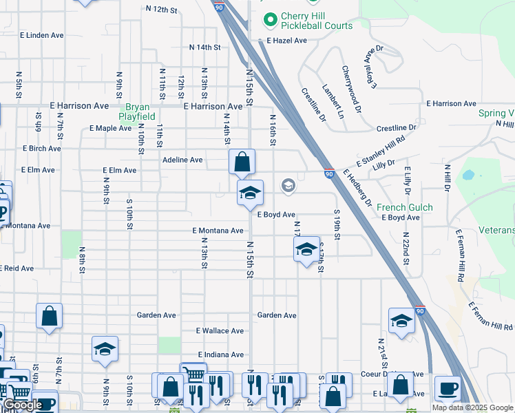 map of restaurants, bars, coffee shops, grocery stores, and more near 936 North 15th Street in Coeur d'Alene