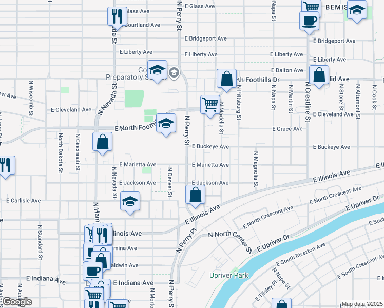 map of restaurants, bars, coffee shops, grocery stores, and more near 2618 North Perry Street in Spokane