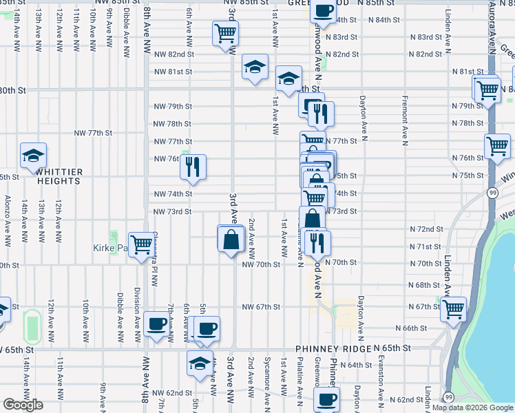 map of restaurants, bars, coffee shops, grocery stores, and more near 164 Northwest 73rd Street in Seattle