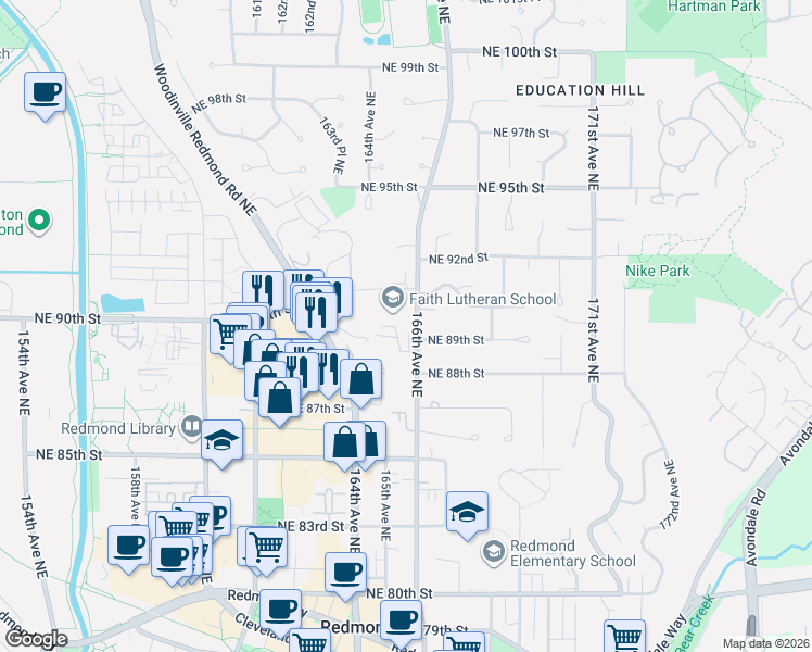 map of restaurants, bars, coffee shops, grocery stores, and more near 8923 166th Avenue Northeast in Redmond