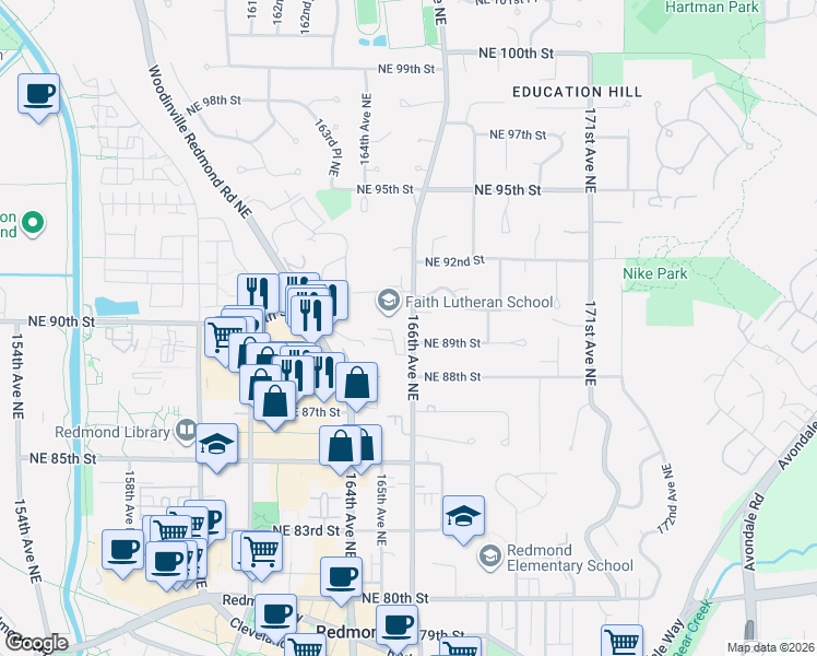 map of restaurants, bars, coffee shops, grocery stores, and more near 8923 166th Avenue Northeast in Redmond