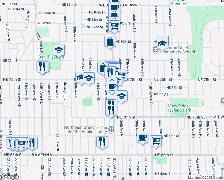 map of restaurants, bars, coffee shops, grocery stores, and more near 7327 35th Avenue Northeast in Seattle