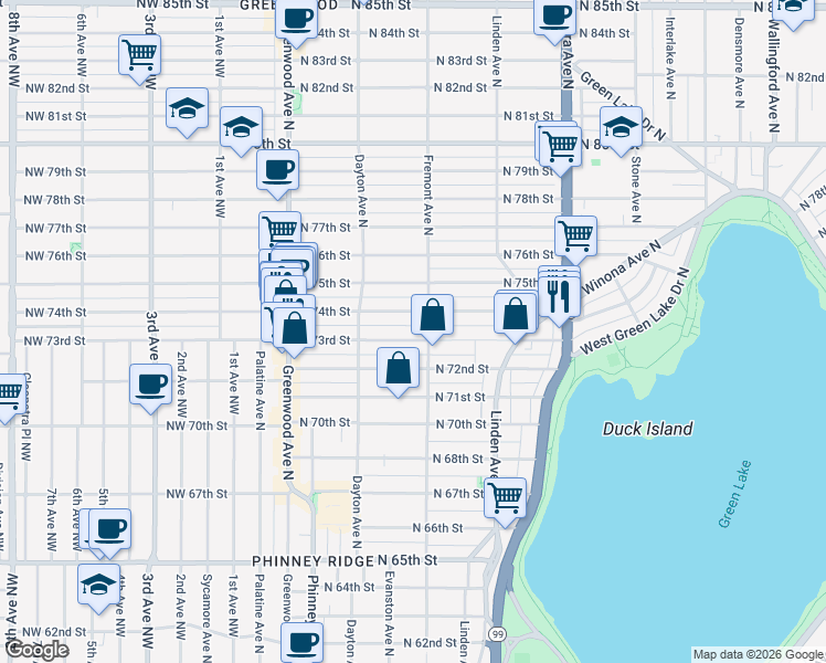 map of restaurants, bars, coffee shops, grocery stores, and more near 548 North 73rd Street in Seattle