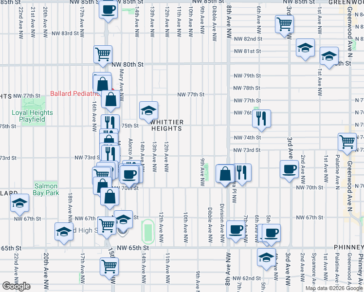 map of restaurants, bars, coffee shops, grocery stores, and more near 7316 11th Avenue Northwest in Seattle