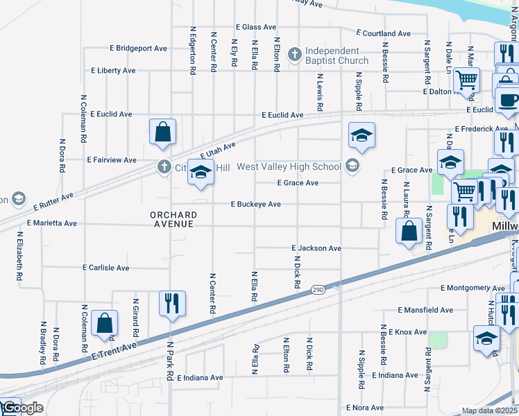 map of restaurants, bars, coffee shops, grocery stores, and more near 2726 Ella Road in Spokane Valley