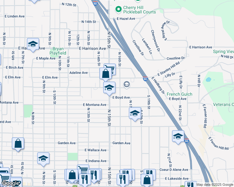 map of restaurants, bars, coffee shops, grocery stores, and more near 936 North 15th Street in Coeur d'Alene