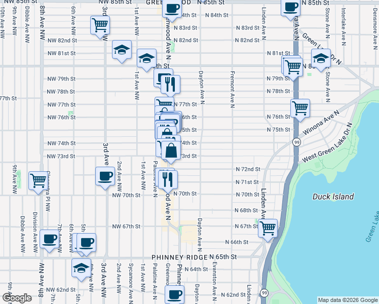map of restaurants, bars, coffee shops, grocery stores, and more near 340 North 73rd Street in Seattle