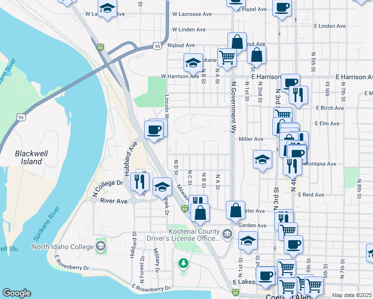 map of restaurants, bars, coffee shops, grocery stores, and more near 1003 C Street in Coeur d'Alene