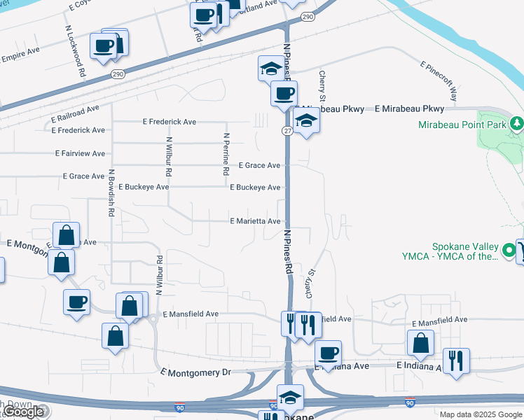 map of restaurants, bars, coffee shops, grocery stores, and more near 2715 North Whipple Court in Spokane Valley