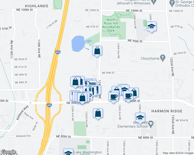map of restaurants, bars, coffee shops, grocery stores, and more near 8801 123rd Lane Northeast in Kirkland