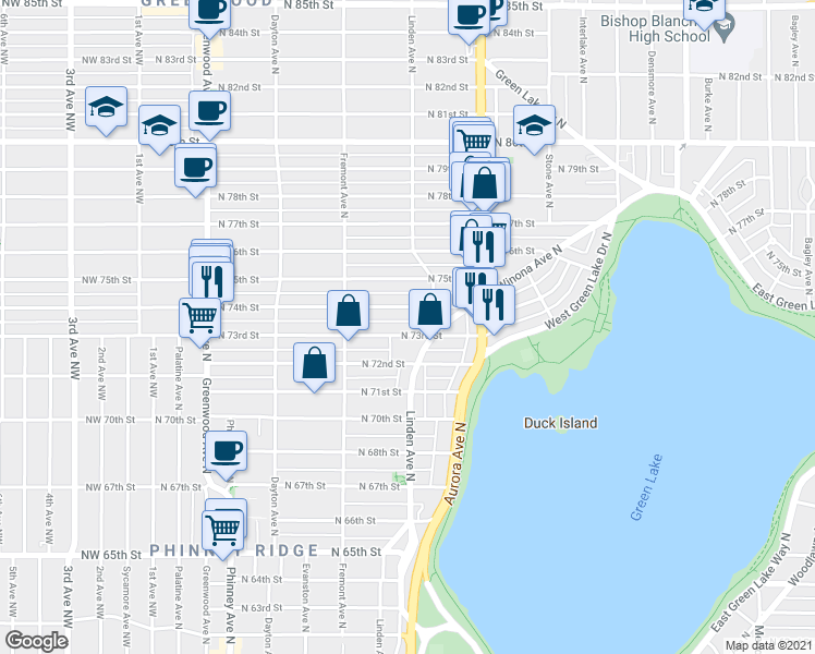 map of restaurants, bars, coffee shops, grocery stores, and more near 756 North 73rd Street in Seattle