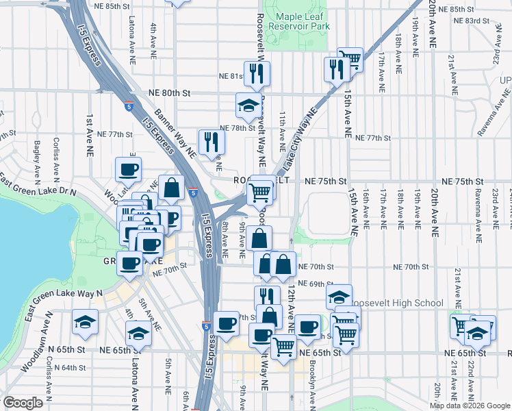 map of restaurants, bars, coffee shops, grocery stores, and more near 7301 Roosevelt Way Northeast in Seattle