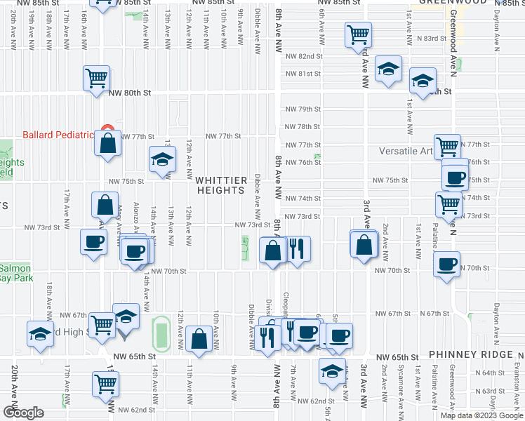 map of restaurants, bars, coffee shops, grocery stores, and more near 7318 Dibble Avenue Northwest in Seattle