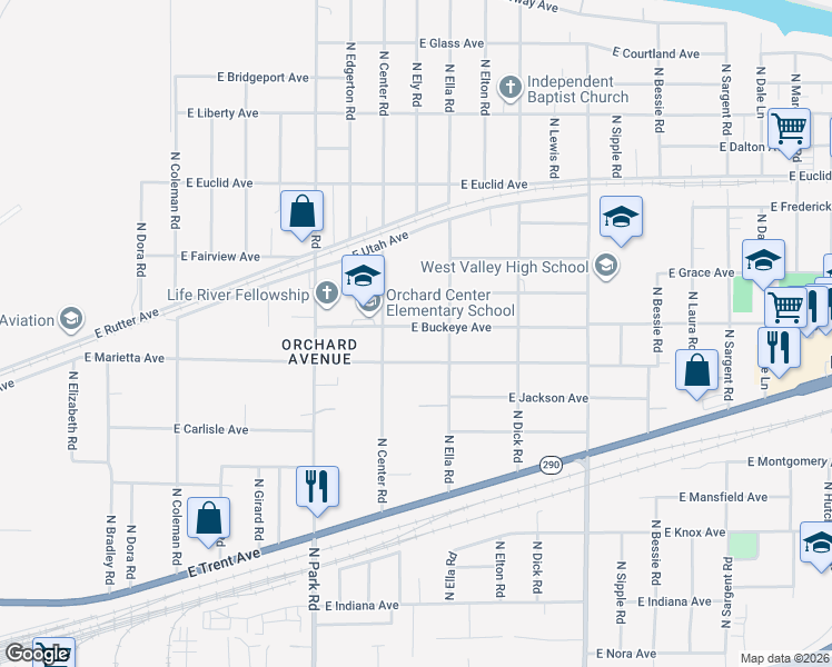 map of restaurants, bars, coffee shops, grocery stores, and more near 7726 East Buckeye Avenue in Spokane Valley