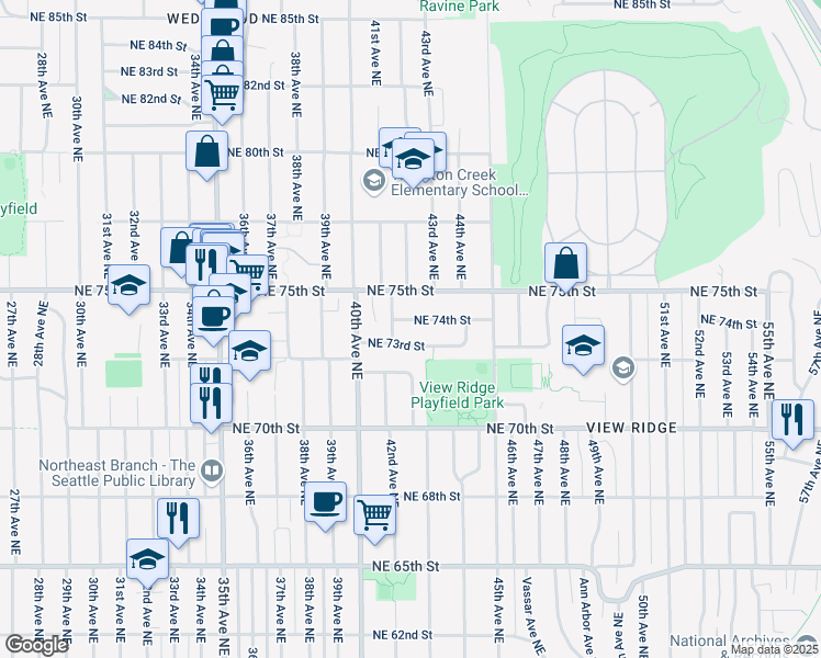 map of restaurants, bars, coffee shops, grocery stores, and more near 4215 Northeast 74th Street in Seattle