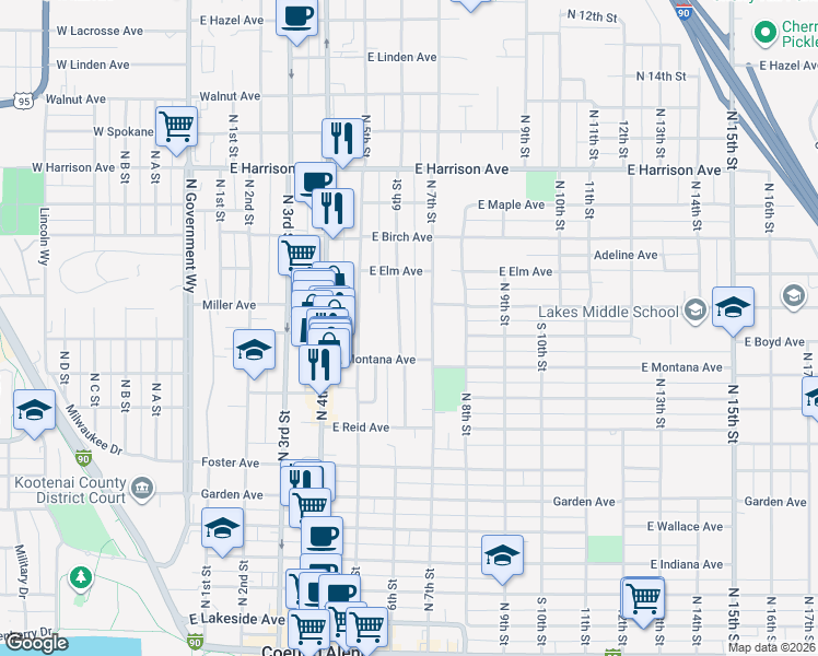 map of restaurants, bars, coffee shops, grocery stores, and more near 919 6th Street in Coeur d'Alene