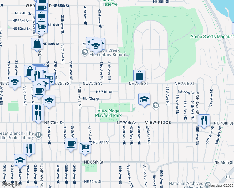 map of restaurants, bars, coffee shops, grocery stores, and more near 7317 45th Avenue Northeast in Seattle