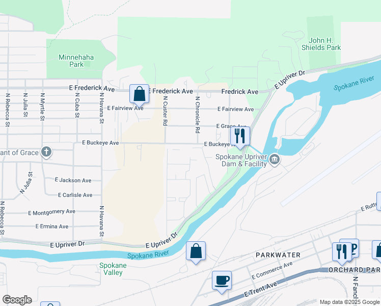 map of restaurants, bars, coffee shops, grocery stores, and more near 4832 East Buckeye Avenue in Spokane