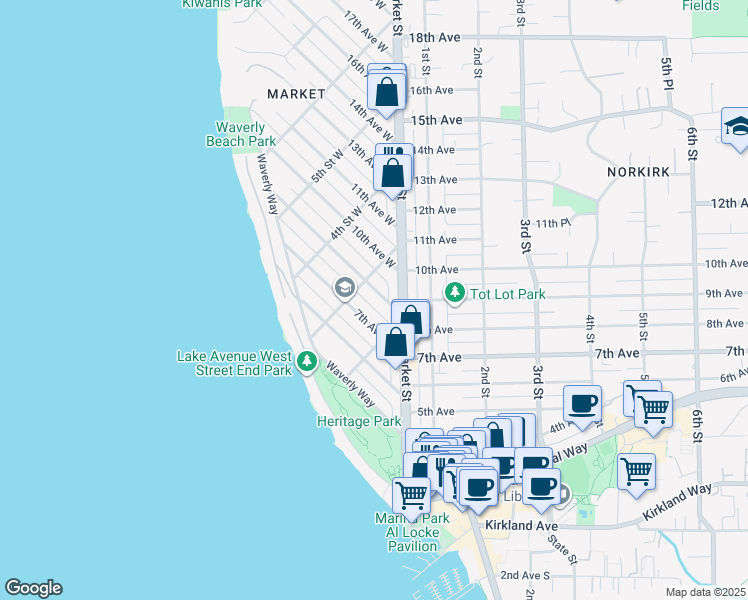 map of restaurants, bars, coffee shops, grocery stores, and more near 229 8th Avenue West in Kirkland