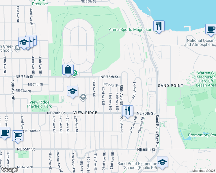 map of restaurants, bars, coffee shops, grocery stores, and more near 5215 Northeast 74th Street in Seattle