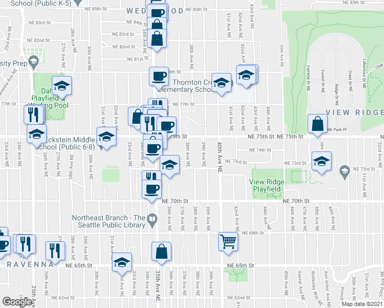 map of restaurants, bars, coffee shops, grocery stores, and more near 7326 38th Ave NE in Seattle
