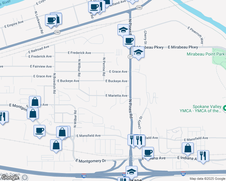 map of restaurants, bars, coffee shops, grocery stores, and more near 2723 North Robie Court in Spokane Valley