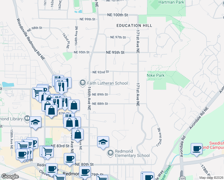 map of restaurants, bars, coffee shops, grocery stores, and more near 8920 168th Avenue Northeast in Redmond