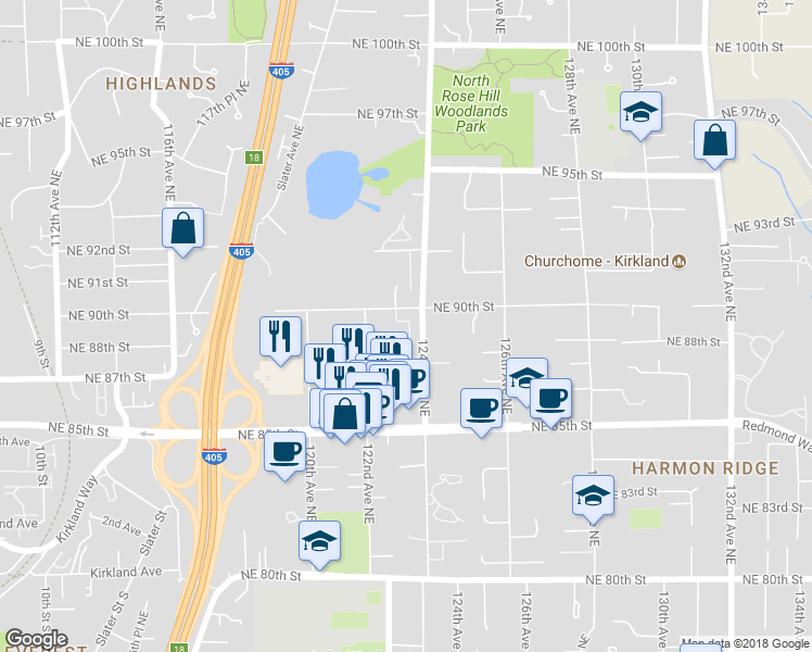 map of restaurants, bars, coffee shops, grocery stores, and more near 8806 123rd Lane Northeast in Kirkland
