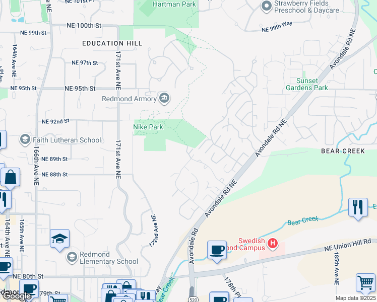 map of restaurants, bars, coffee shops, grocery stores, and more near 17430 Northeast 88th Place in Redmond