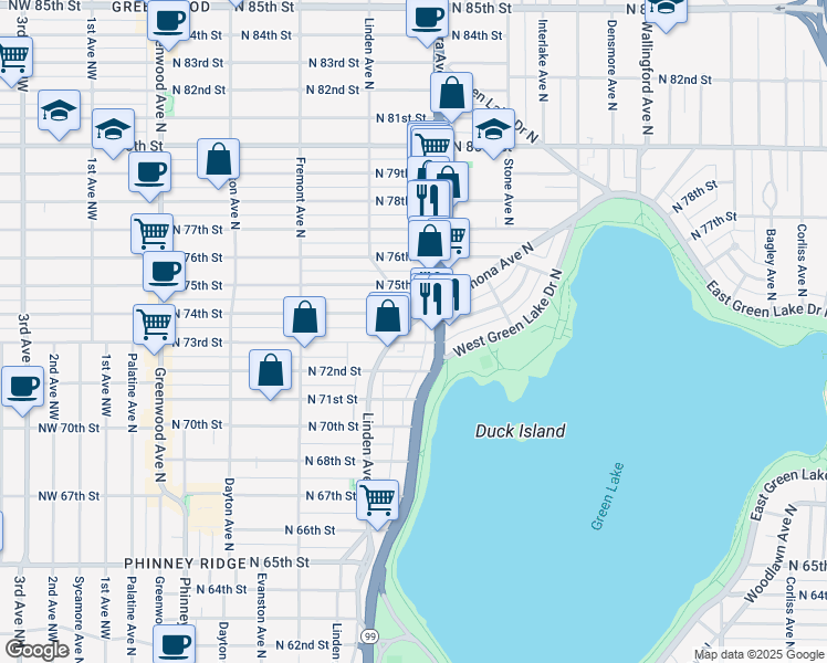 map of restaurants, bars, coffee shops, grocery stores, and more near 916 North 73rd Street in Seattle