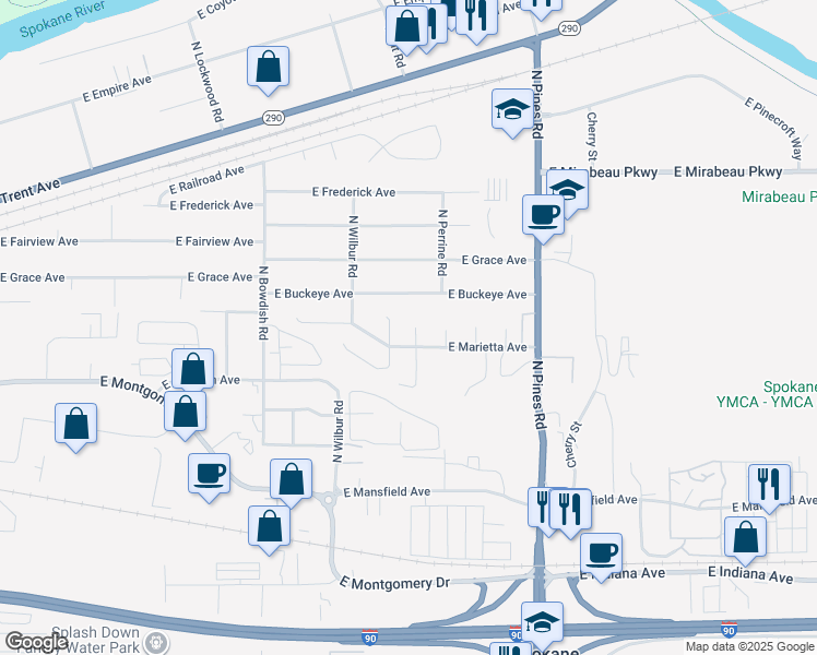 map of restaurants, bars, coffee shops, grocery stores, and more near 2723 North Gary Laurie Court in Spokane Valley